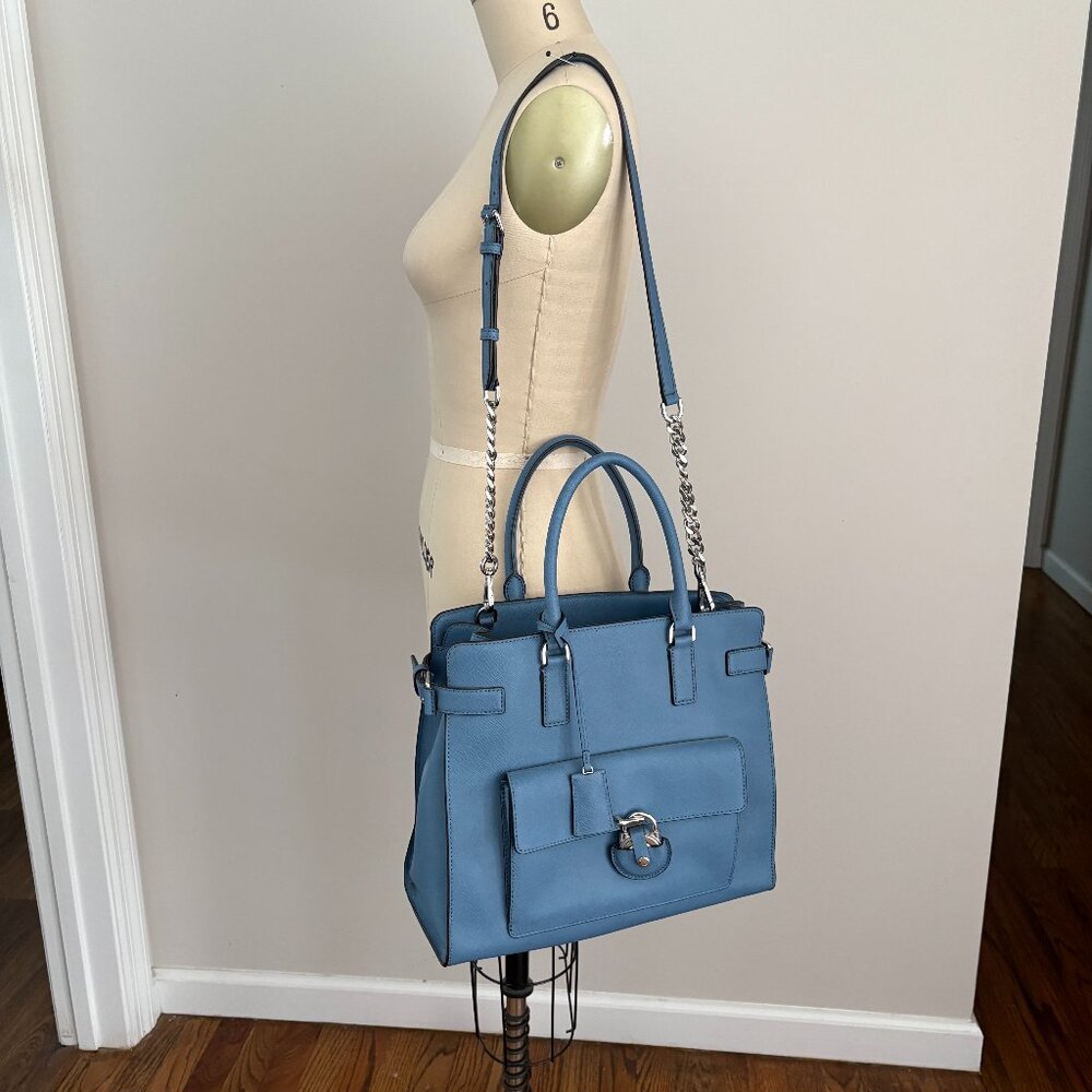 Michael Kors Tote Bag Emma Satchel Shoulder Crossbody Blue Pockets Luxury Chic